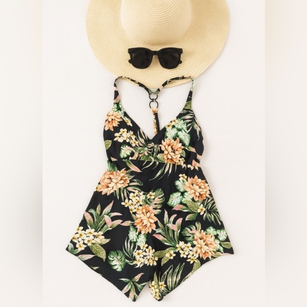 Kona Sol Black Floral Tankini Swim Top